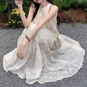 CESS 34MN2자수 민소매 롱원피스 휴양지 여성 바캉 WFHD44D