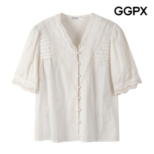 GGPX 여성 V넥 레이스 콩버튼 블라우스 GP6SH024F