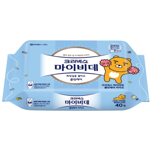 유한킴벌리 크리넥스 X 카카오프렌즈 마이비데 클린케어 화장실용 물티슈 리필형 40매 (8팩)