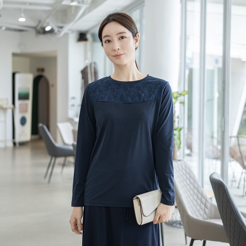 모슬린 엄마옷 레이스 라운드 긴팔 티셔츠 TS515114 마담중년여성빅사이즈50대60대70대할머니옷여자_이미지