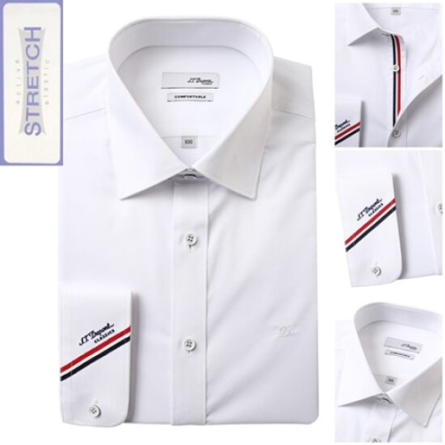 ST듀퐁 셔츠 SE5SM22LS932SWH 구김 적은 슬림핏 화이트 솔리드 스트레치 삼선포인트 소매 로고 긴팔 스판 셔츠