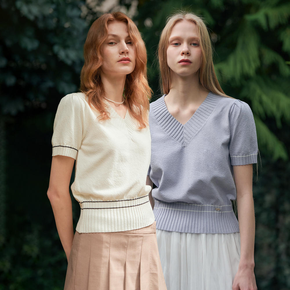 지아이홀딩스 제너럴아이디어 볼드립 브이넥 하프 니트 WBC2L05533