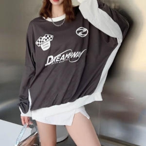 새로본 봄가을 레BT1062드림웨M 빅사이즈 라운드넥티 박스롱맨투맨 여성 배색큰사이즈_이미지