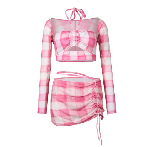 코랄리크 여성 워터 체크 비키니 볼레로 세트 핑크