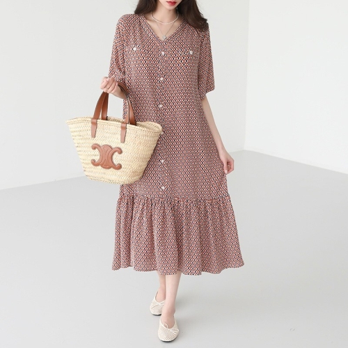 브이넥 패턴 버튼 포인트 프릴 원피스 38793 3085728