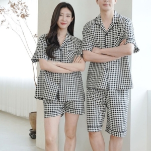 400941 여성 남성 체크 반팔 카라 여름 잠옷 홈웨어 파자마 커플