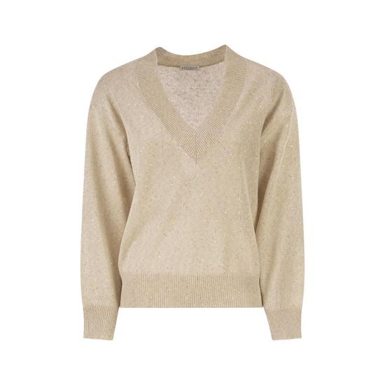 V 넥 linen 앤 코튼 점퍼 with sequins 앤 롱 sleeves MDT746412C8925 T
