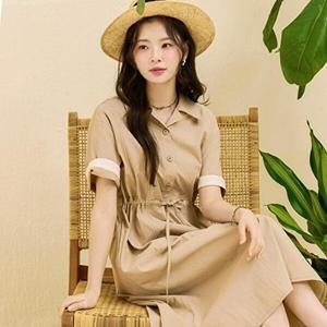 체이스컬트 HC24 여성 오픈 카라 원피스 혼방 스판 허리 스트링 하객 데이트 원피스 EBRG6177