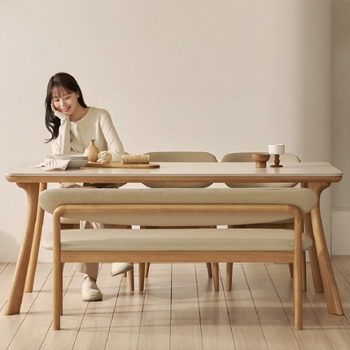 보니애가구 한샘몰 노르딕 원목 양면 포세린 세라믹 식탁 1800 (의자3개+벤치1개)_이미지
