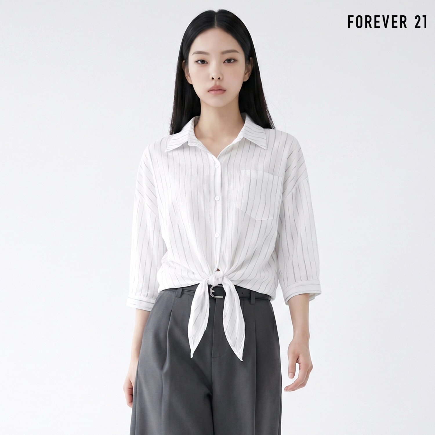  FOREVER21 스트라이프 타이 드롭 긴팔 셔츠 FTDBBL006