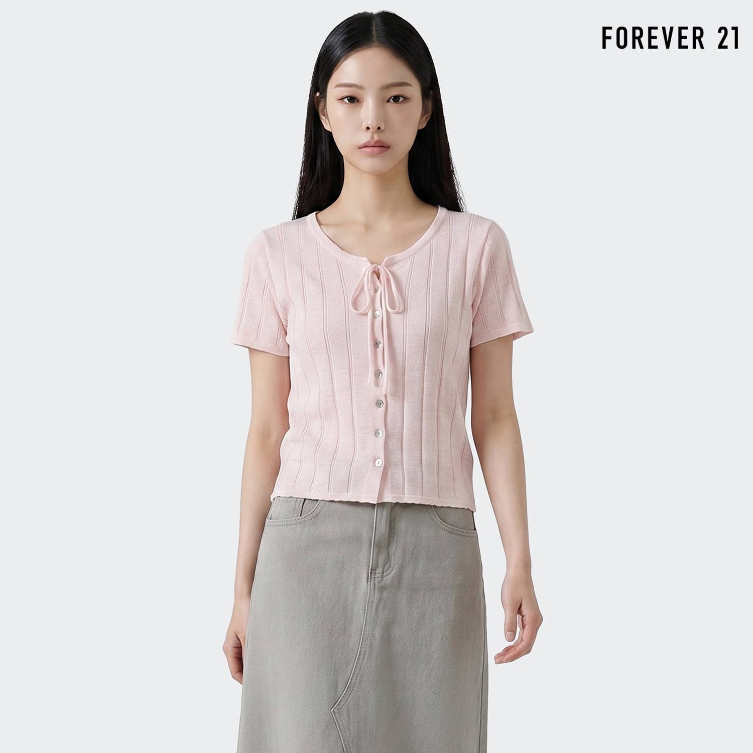  FOREVER21 리본 넥 골지 반팔 니트 가디건 FTDBCD003