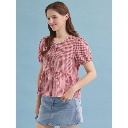 블루레이스 레이스 배색 체리 체크 블라우스_B5M1BL5781_이미지