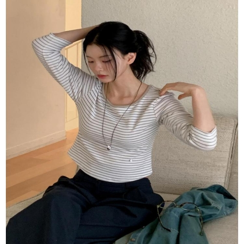 앳코너 Boat Neck U-Neck Stripe T-Shirt Ivory AT5TSF080IV_이미지