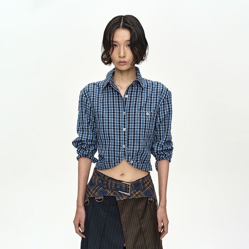 CHECK CURVES HEM SHIRT atb1568w BLUE