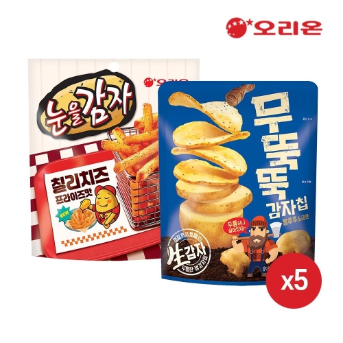 오리온 무뚝뚝감자칩 60g 5개+눈을감자 칠리치즈 프라이즈 56g 5개 (1개)_이미지