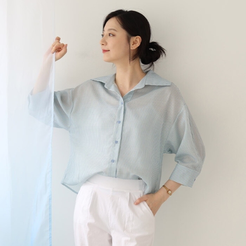 지젤 줄지 카라 블라우스 /여름 외출 오피스 RBL116