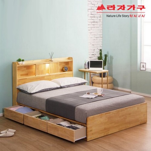 라자가구 비바 팀버 원목 수납 LED침대 Q (본넬스프링)_이미지