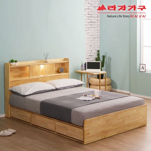 라자가구 비바 팀버 원목 수납 LED침대 Q (본넬스프링)
