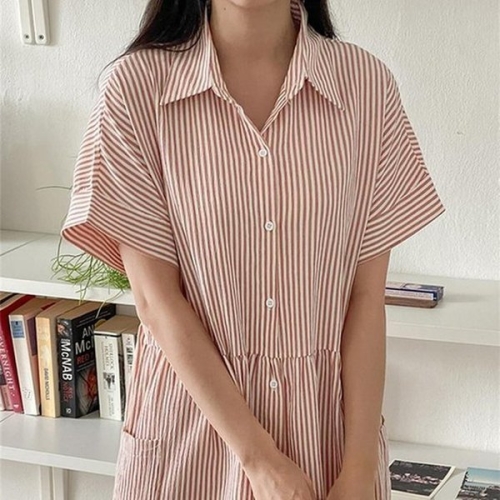 더블디 루즈핏 스트라이프 단추 반팔 원피스 TDN-0170 40698917A