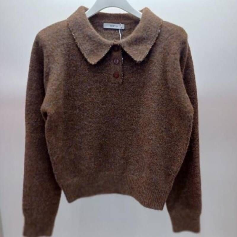 라티움 Destijl HC06 크롭 스판 울느낌 앞반오픈 비즈 배색 카라 니트티 D2611sw11C