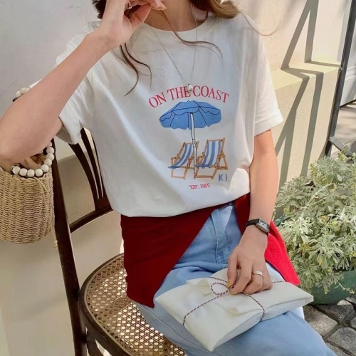 오엠티 여성 라운드넥 반팔티 빈티지 프린팅 여름 라운드넥 캐주얼 반팔 티셔츠 CINDY19