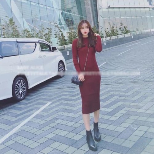 리더스 슬림핏 니트 골지 타이트핏 롱 원피스 13468727A_이미지