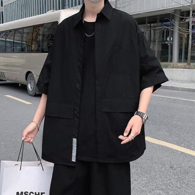 옷자락 남성 오버핏 여름 캐주얼 반팔 빅포켓 버튼 자켓 셔츠 색상SH0692_블랙 / 사이즈3XL 상세 설명 참조
