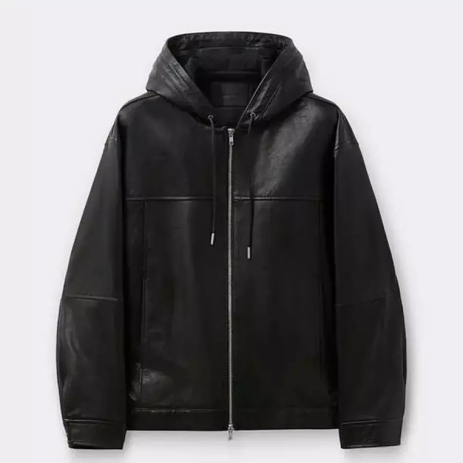 Black Leather Hood Jacket CWUDA26511BKX