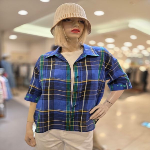 베네통 린넨 체크 패턴 블라우스 BABLA2-631-BL