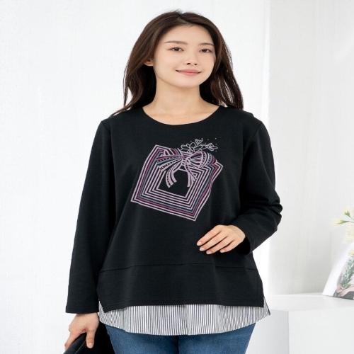 모슬린 엄마옷 리본 라운드 긴팔 티셔츠 515FGH766 마담/중년여성/빅사이즈/50대/60대_이미지