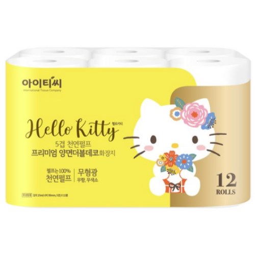 헬로키티 5겹 천연펄프 프리미엄 양면더블데코 화장지 25m (12롤) (3팩)_이미지