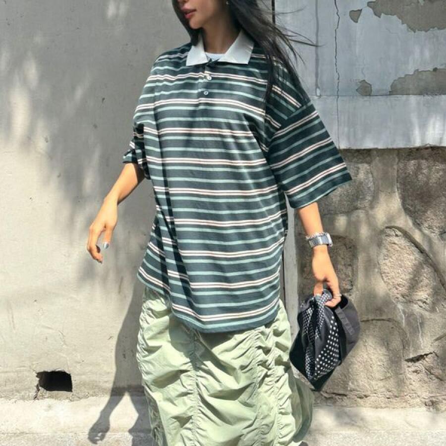 옷자락 여자 블록코어 럭비티셔츠 오버핏반팔 카라넥 티셔츠_이미지