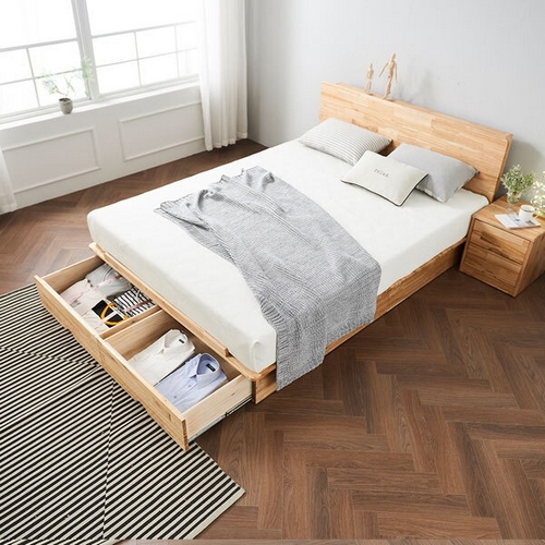 캘리 참죽원목 민판헤드 후면 서랍형 침대 S