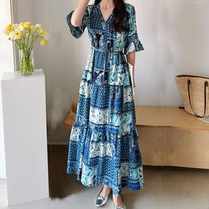 새로본 여름 다151B-1OPS 플라워 빅사이즈원피스 브이넥휴가룩 반팔미디롱 여성 나염여자 시원한