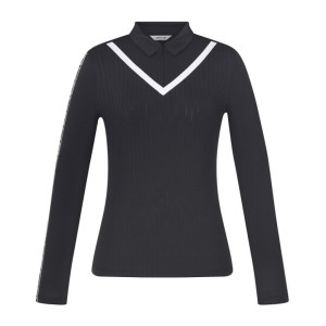 핑 소재 믹스 V배색 카라 긴팔 티셔츠 121C1TO052_BK