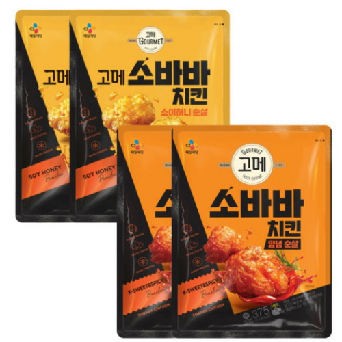 CJ제일제당 고메 소바바치킨 소이허니 순살 375g x 2개+양념 순살 375g x 2개