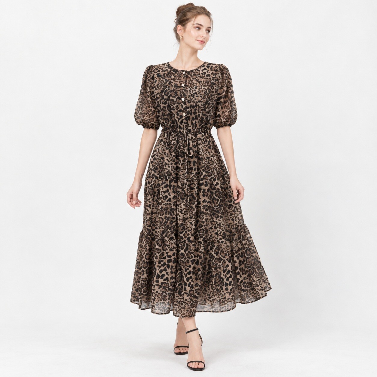 레오파드 앞단추 라운드 쉬폰 롱원피스 MN09OP604HJY