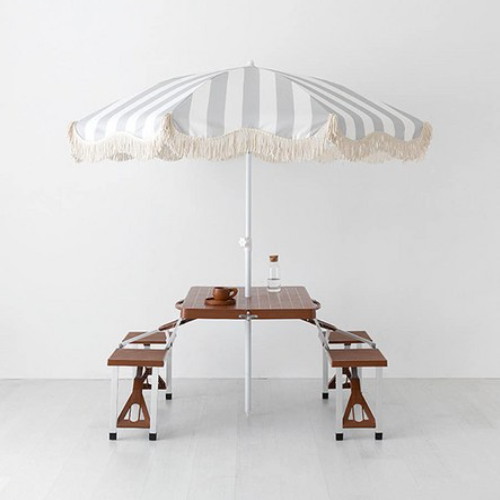 마켓비 로밀 테슬 파라솔 그레이스트라이프A + 캠폴 야외 의자일체형 접이식 테이블 4인세트 브라운