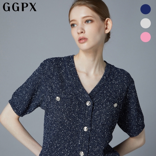 GGPX 실버 버튼 V넥 부클 반팔 니트 가디건 GO4KG013F_이미지