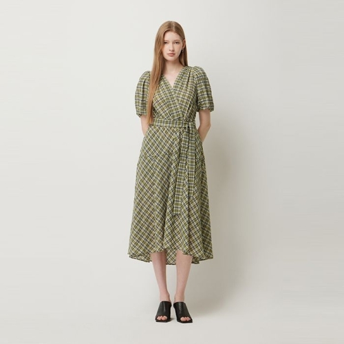 체크 브이넥 벨티드 원피스_SAOP07541KA