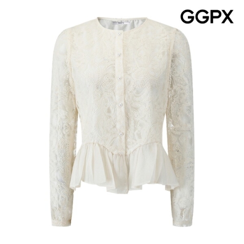 GGPX 라운드넥 진주 버튼 레이스 쉬폰 블라우스 GQ2SH024F_이미지