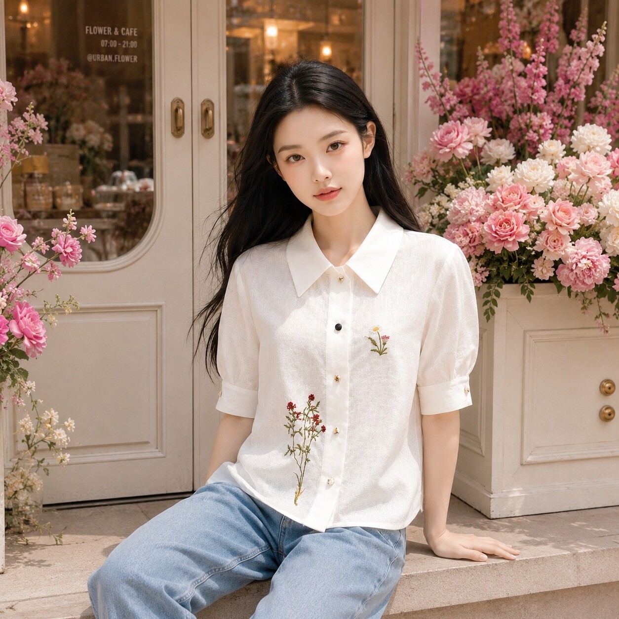 A라인 퍼프 소매 자수 블라우스 B262WB2120