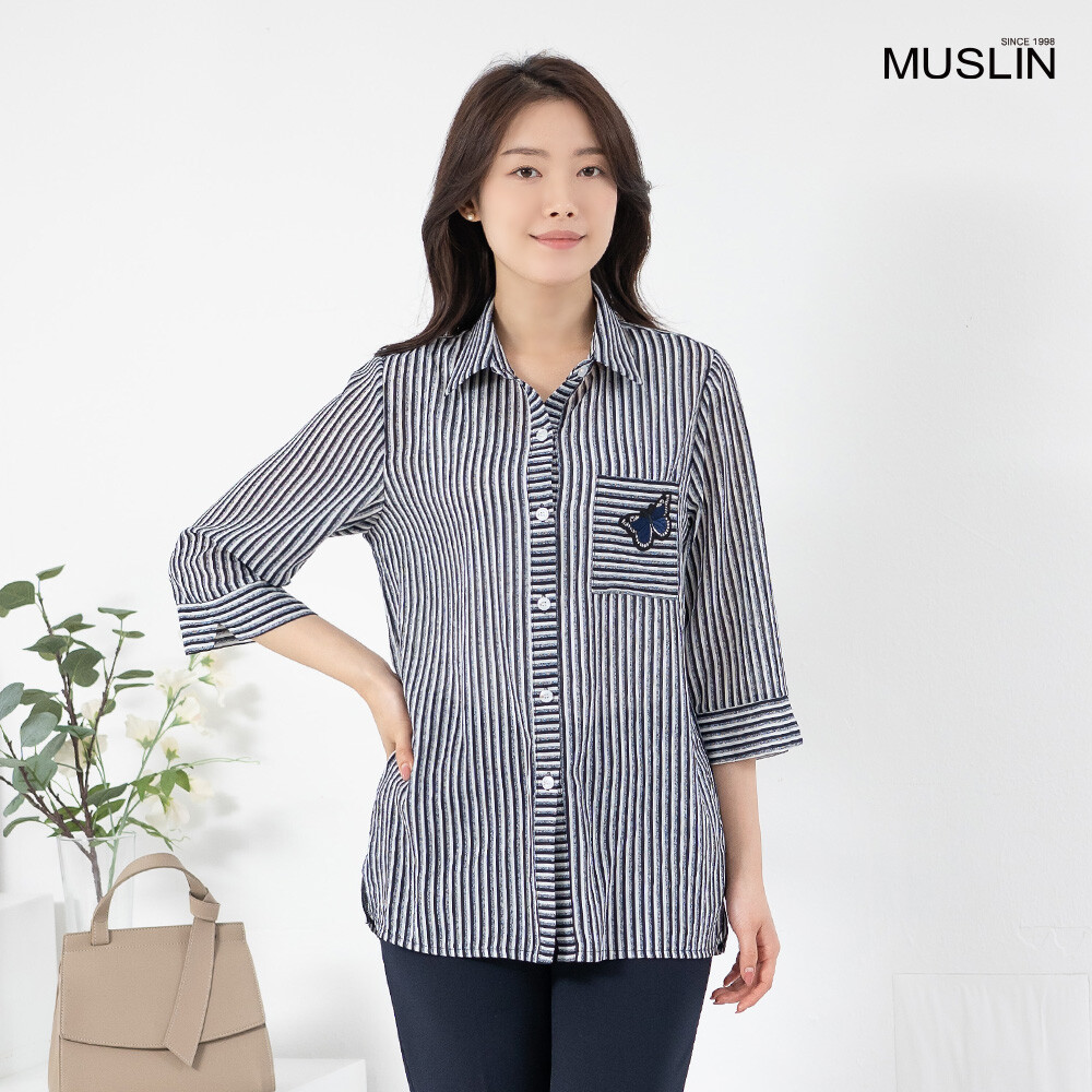 모슬린 엄마옷 단가라 나비 카라 7부 블라우스 BL614108 중년여성/50대/60대/70대/빅사이즈/할머니옷_이미지