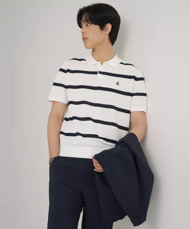  빈폴 남성 볼드 스트라이프 칼라넥 니트 화이트 BC6451C421
