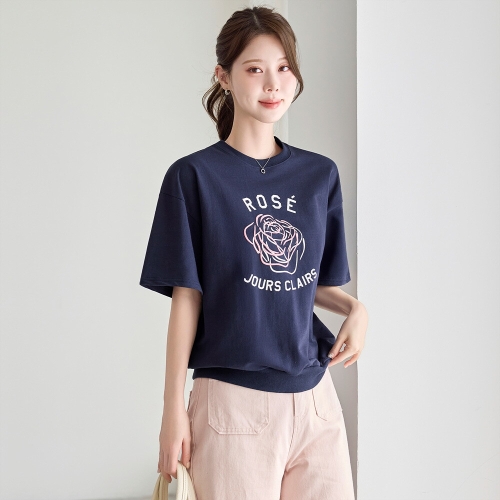 로즈 프린팅 레터링 반팔 맨투맨_M2603TS026B