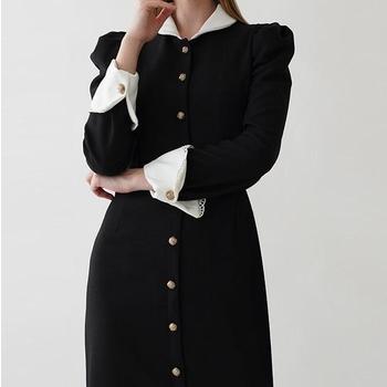  보이 블랙 배색 카라 소매 레이스 퍼프 롱 원피스 6446946A