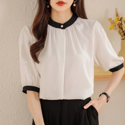 리빌모아 여자 펄 버튼 루즈핏 반팔 블라우스 JSW-BLH-SP0000CRJ-흰색