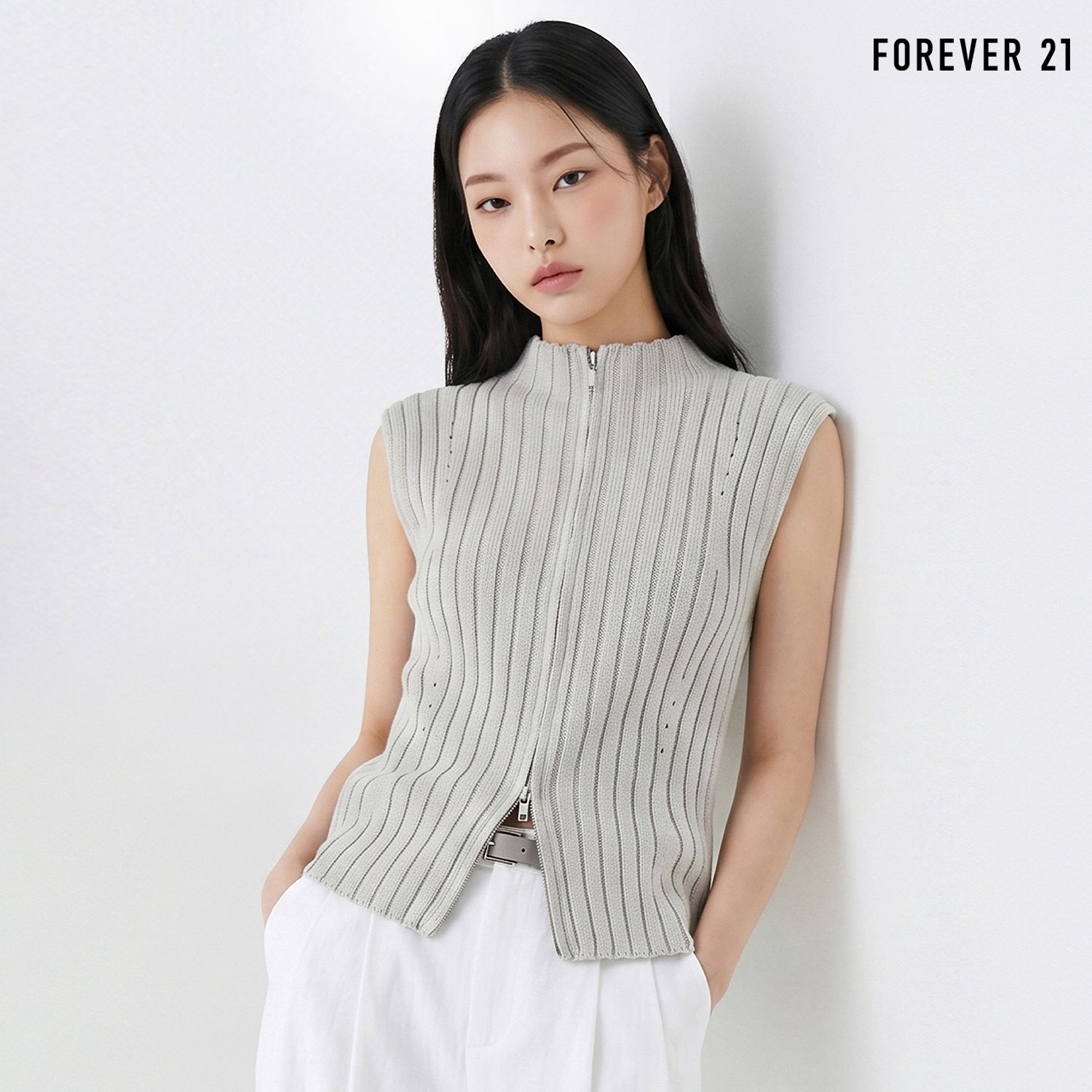  FOREVER21 투웨이 집업 골지 니트 베스트 FTDBVT007