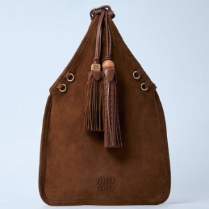  미우미우 Tassels 태슬 스트랩 아플리케 스웨이드 토트백 브라운 5BA295 2CSS F0316