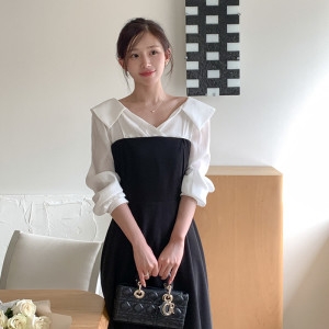 아뜨랑스 얼리어텀 하객룩 메이린 레이어드 배색 플랫 카라 플레어 롱 원피스 op16176_이미지